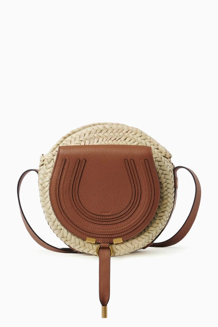 

Marcie Crossbody Basket Bag in Raffia & Calfskin, Brown