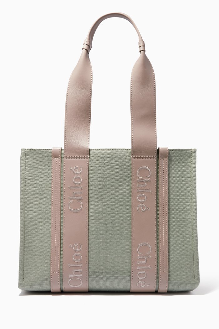

Medium Woody Tote Bag in Linen Canvas & Leather, Green