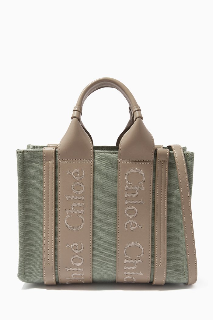 

Woody Small Tote Bag in Linen & Leather, Green