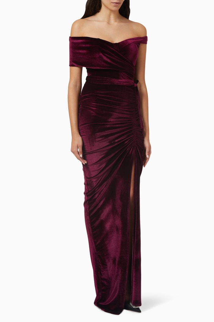 

Off-shoulder Maxi Dress in Velvet, Red
