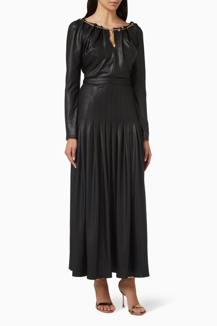 

Pleated Maxi Dress in Leather, Black