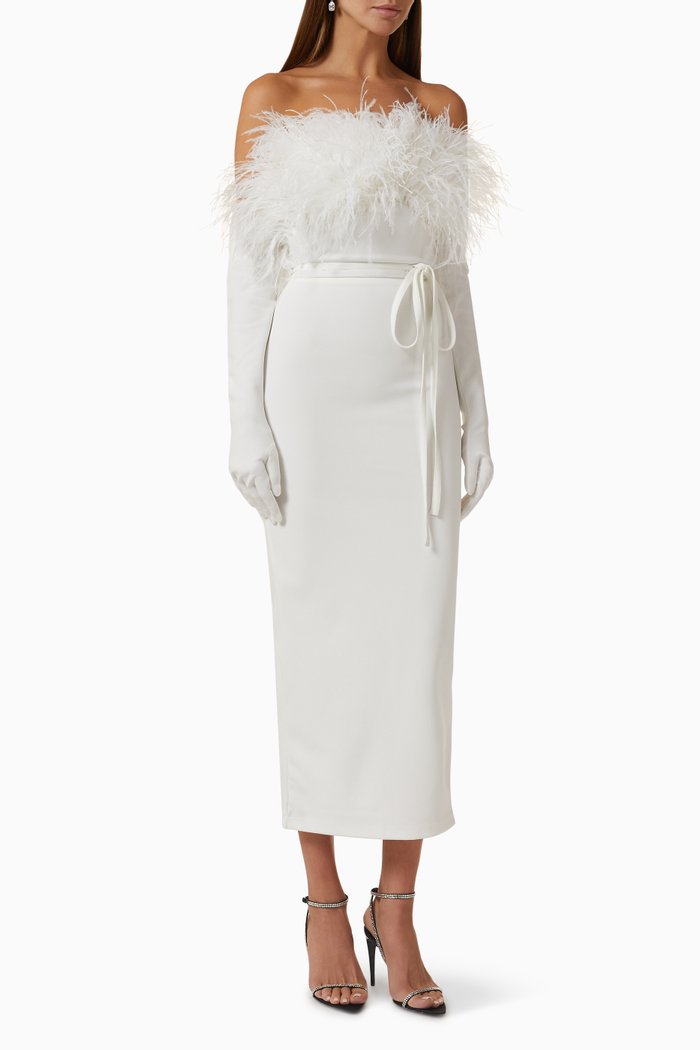 

Feather-trimmed Off-shoulder Midi Dress in Crepe, White