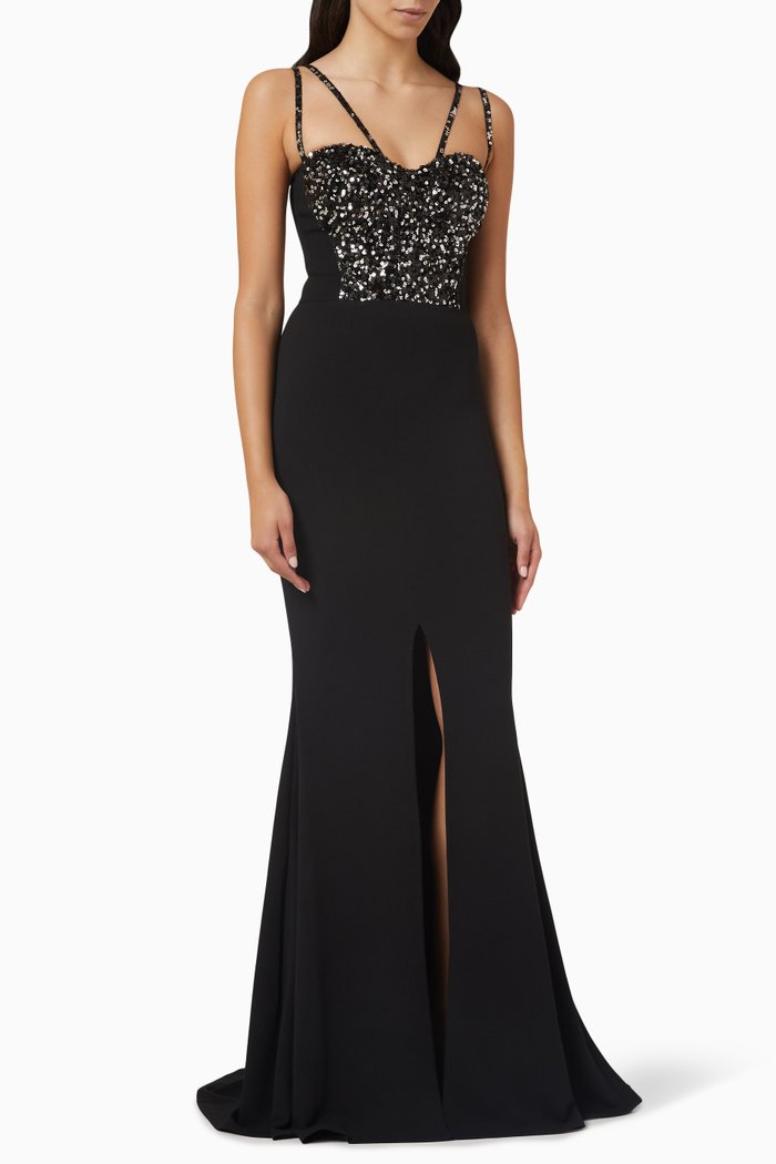 

Sequin-embellished Maxi Dress in Crepe, Black