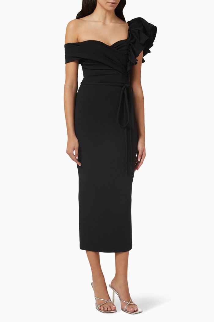 

Ruffled Off-shoulder Maxi Dress in Crepe, Black