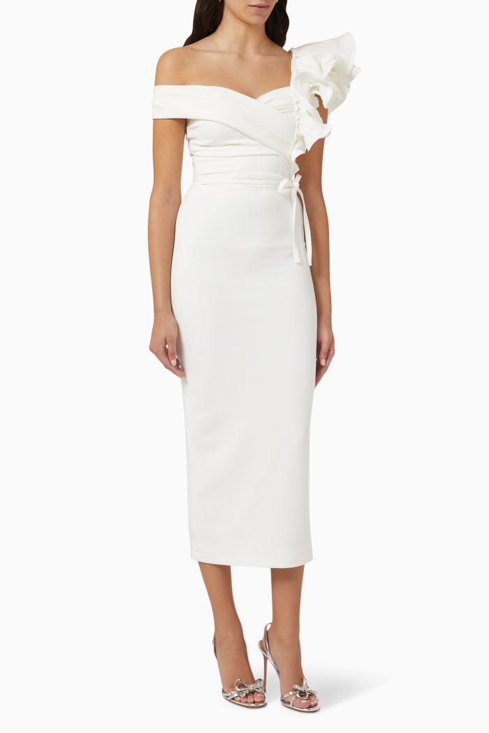 

Ruffled Off-shoulder Maxi Dress in Crepe, White