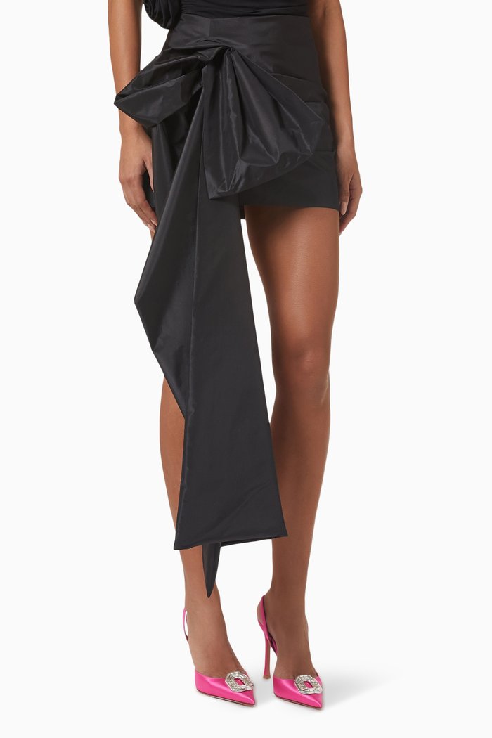 

Draped Sash Mini Skirt in Taffeta, Black