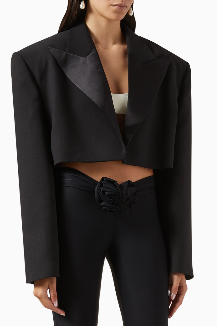 

XL Oversized Crop Blazer in Silk & Wool-blend, Black