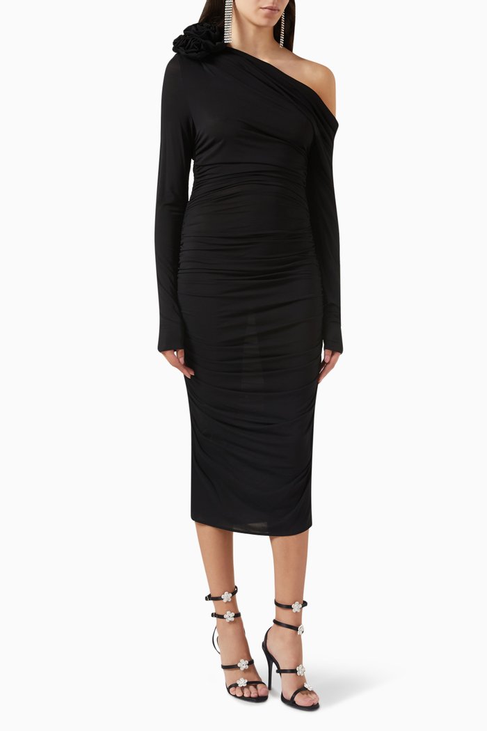 

One-shoulder Midi Dress in Stretch Cupro, Black