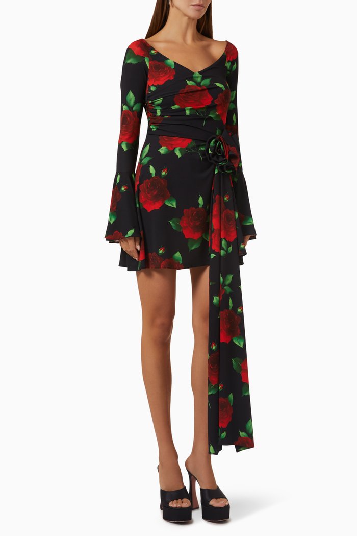 Off-shoulder Floral Mini Dress, Black