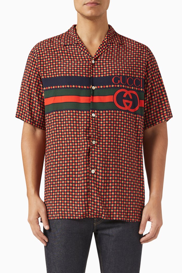 

Web & Interlocking G Stripe Bowling Shirt in Silk, Multicolour