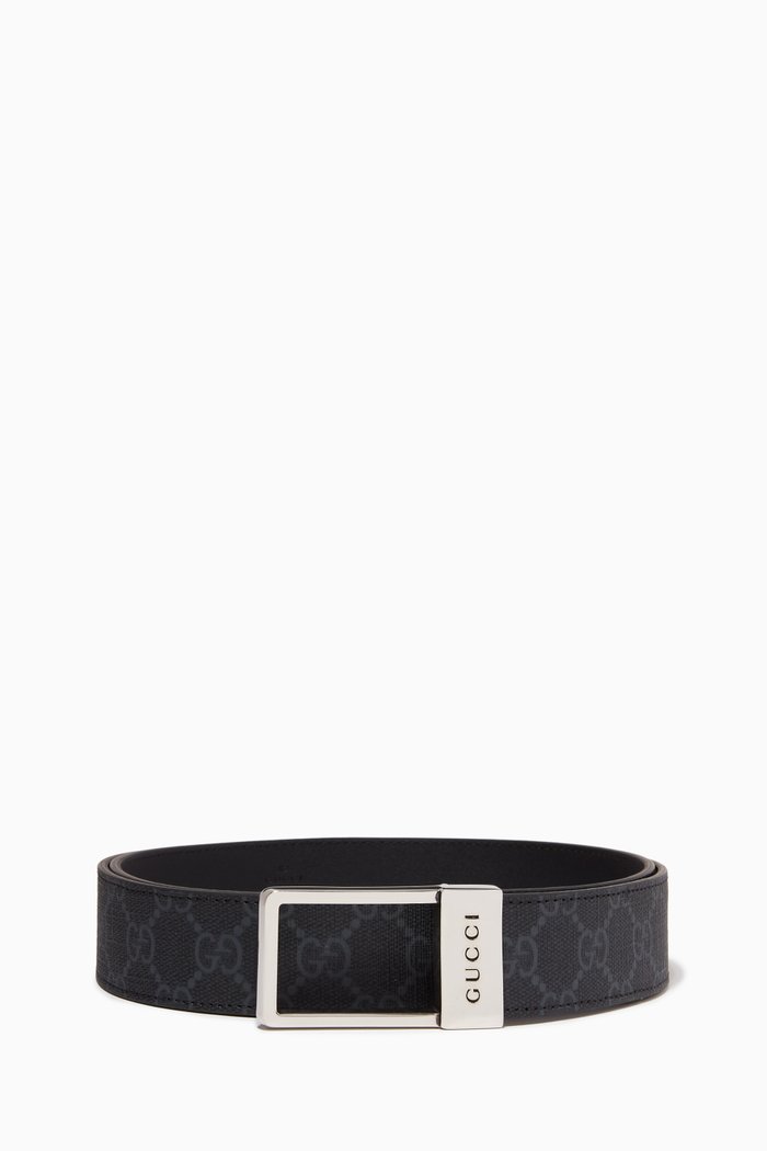 

GG Belt with Rectangle Buckle in Leather & Canvas, Black