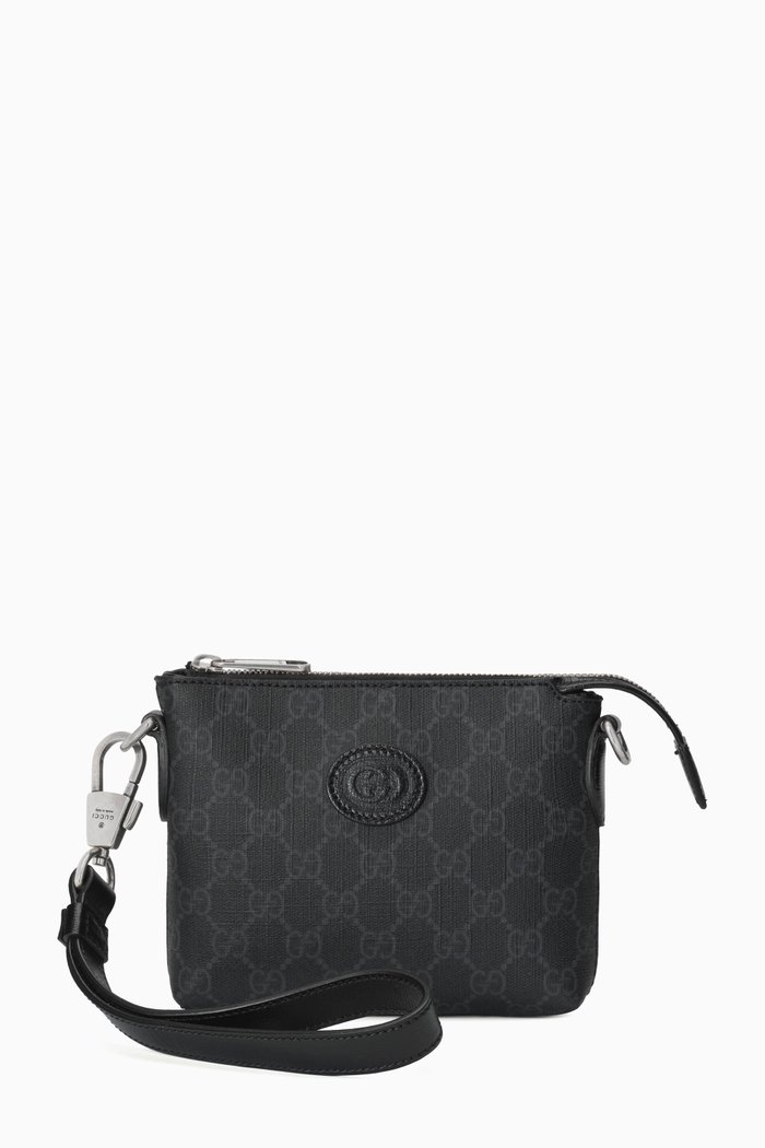 

Messenger Bag with Interlocking G in Leather & Canvas, Black