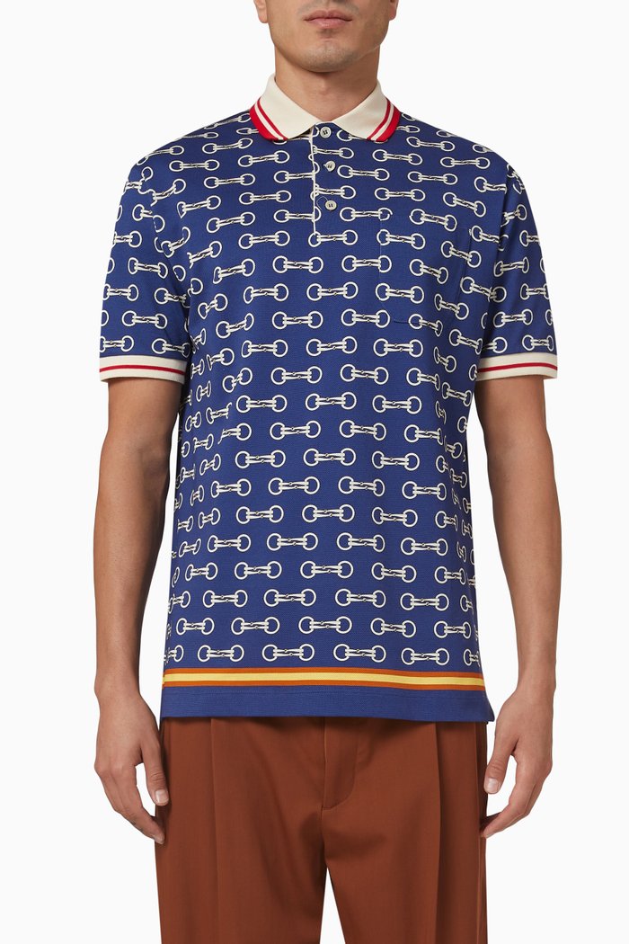 Horsebit Print Polo in Stretch Cotton Piquet, Blue