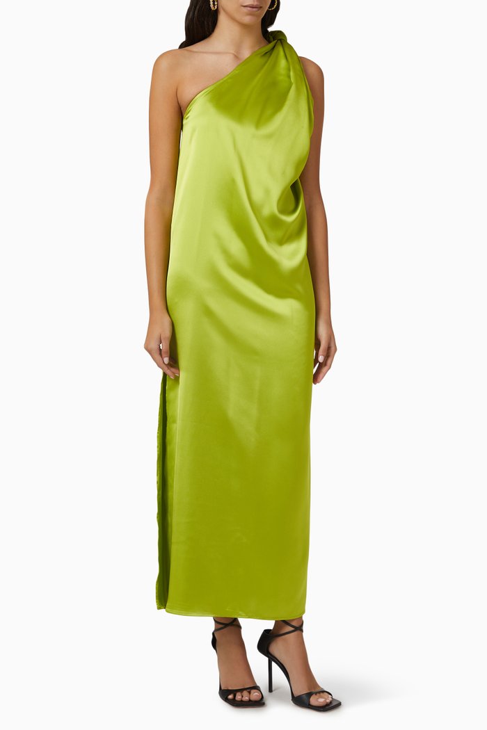

One-shoulder Maxi Dress in Satin, Green