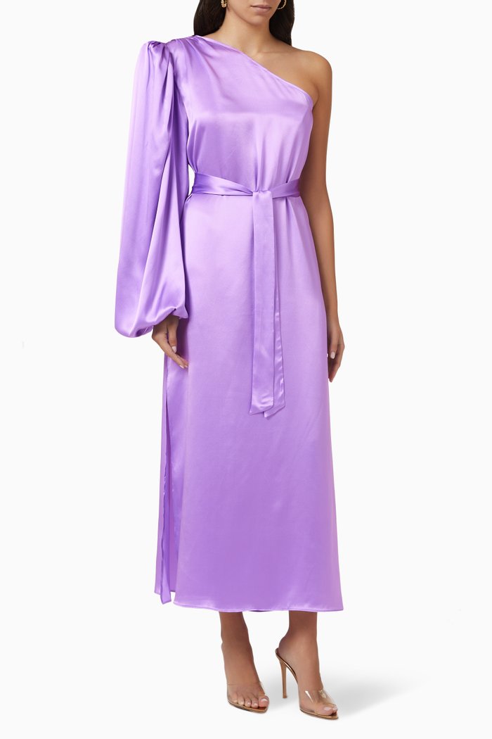 

One-shoulder Belted Maxi Dress in Satin, Purple