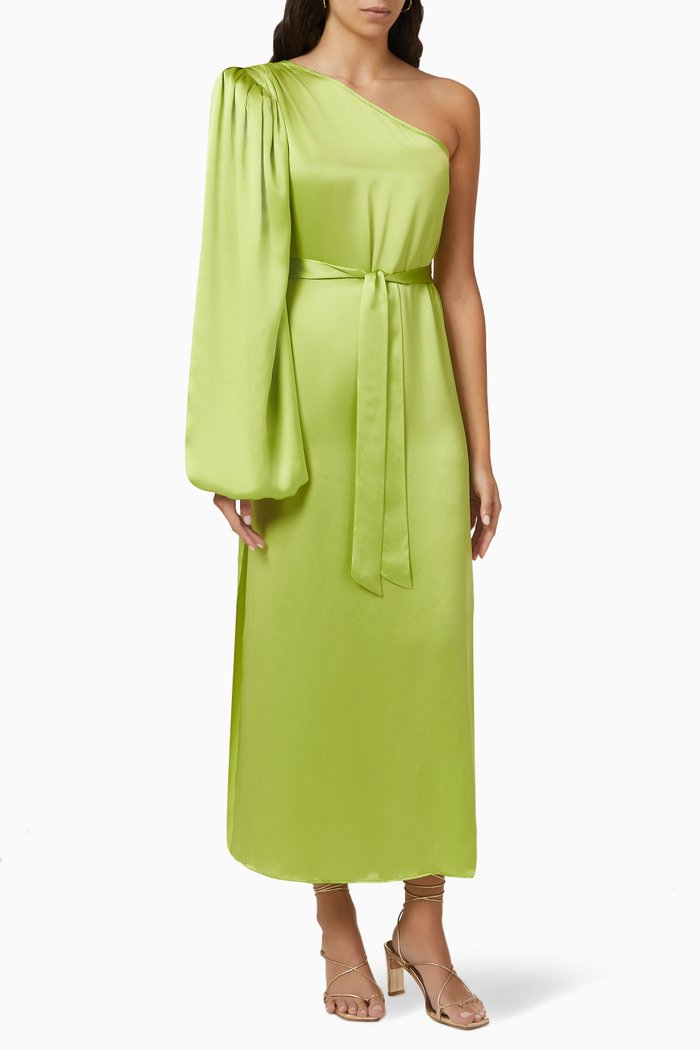 

One-shoulder Belted Maxi Dress in Satin, Green