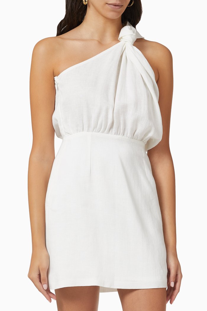 

One-shoulder Mini Dress in Linen, White