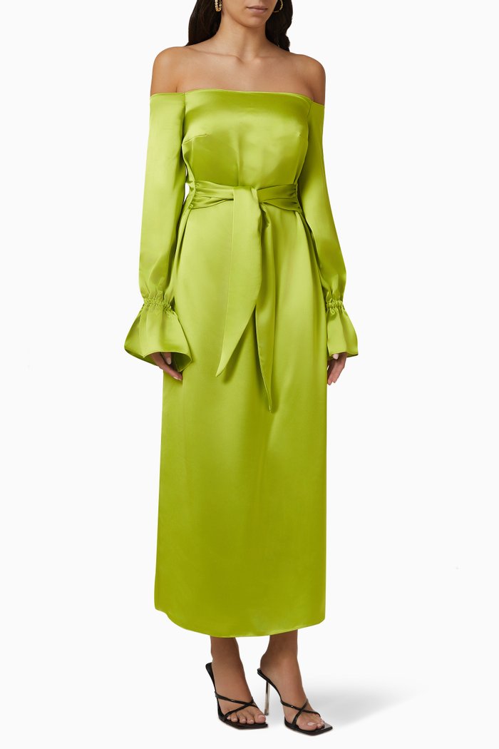 Off-shoulder Belted Maxi Dress in Satin, Green