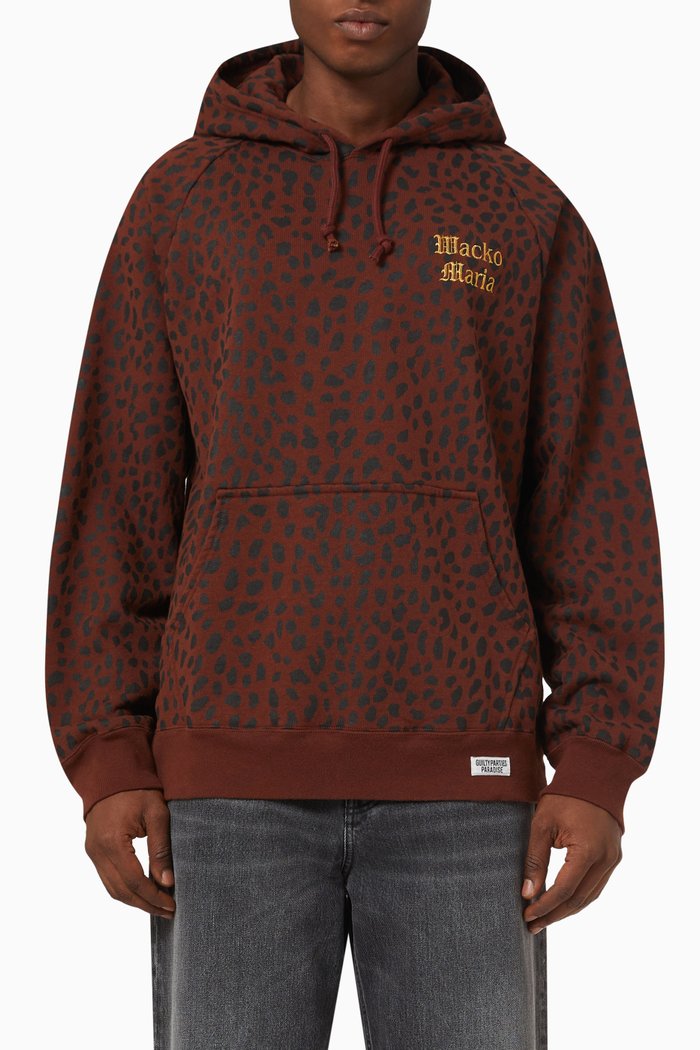 Embroidered-logo Leopard Hoodie in Cotton, Brown