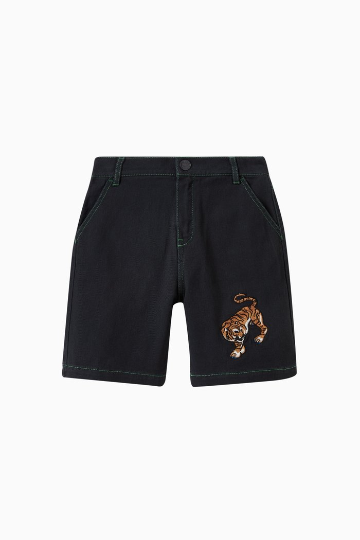 

Tiger Embroidered Shorts in Denim, Black