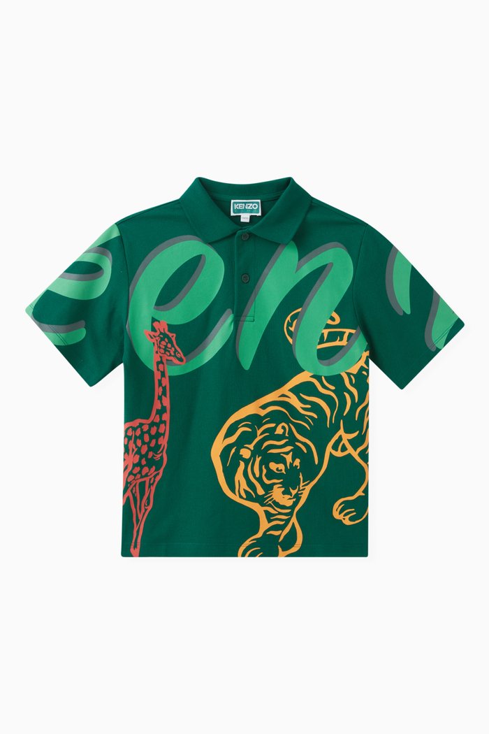 

Graphic Logo Print Polo Shirt in Cotton, Green