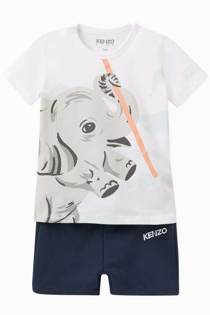 

Elephant-print T-shirt & Shorts Set in Organic Cotton, White