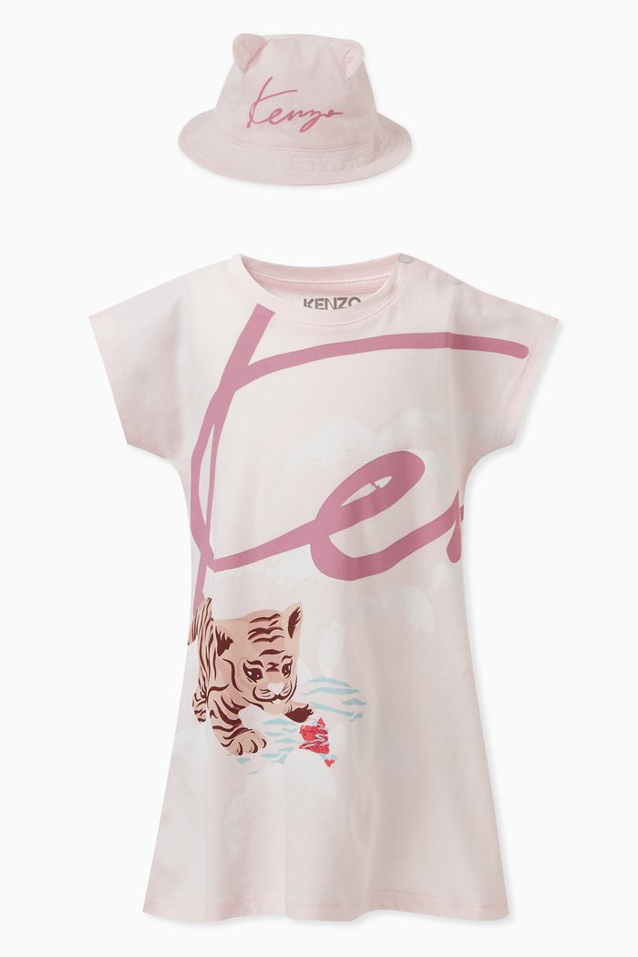 

Animal Print Dress & Hat Set in Organic Cotton, Pink