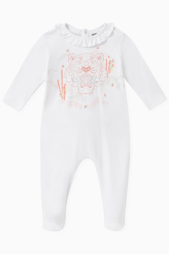 

Tiger Logo Ruffled Sleepsuit in Cotton, White