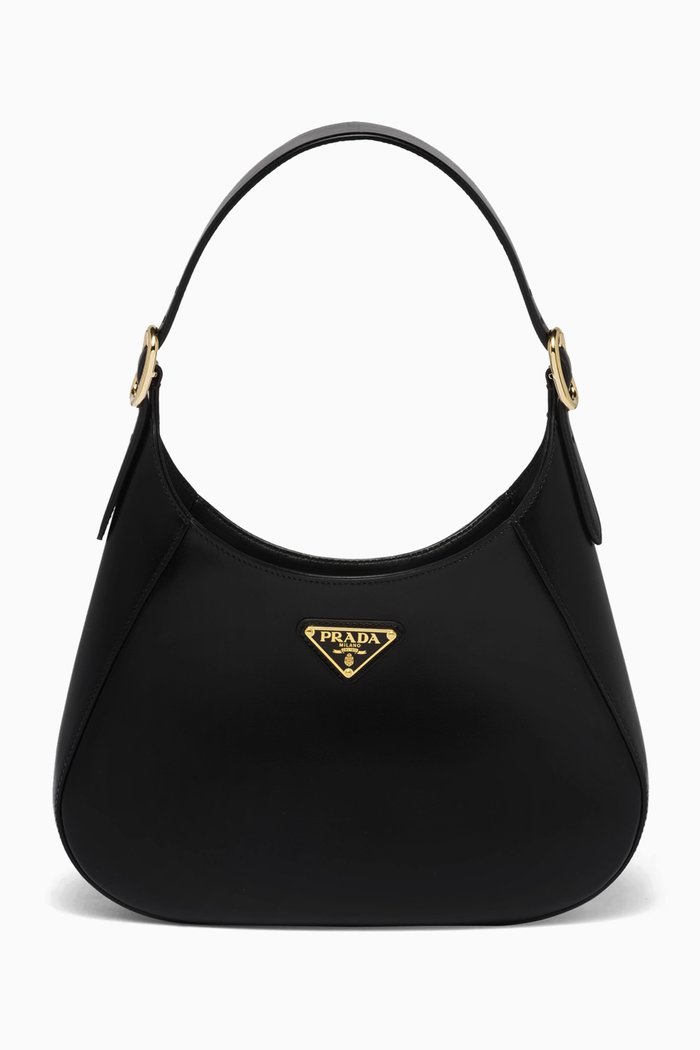 

Logo Triangle Hobo Shoulder Bag in Leather, Black