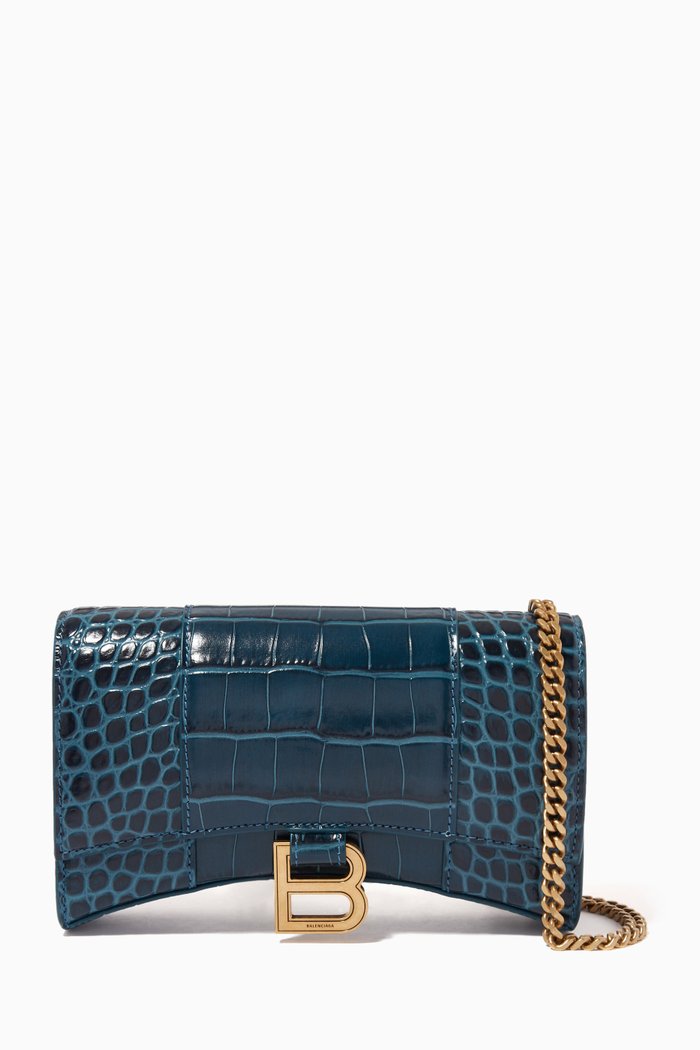

Hourglass Wallet on Chain in Crocodile Embossed Calfskin, Blue