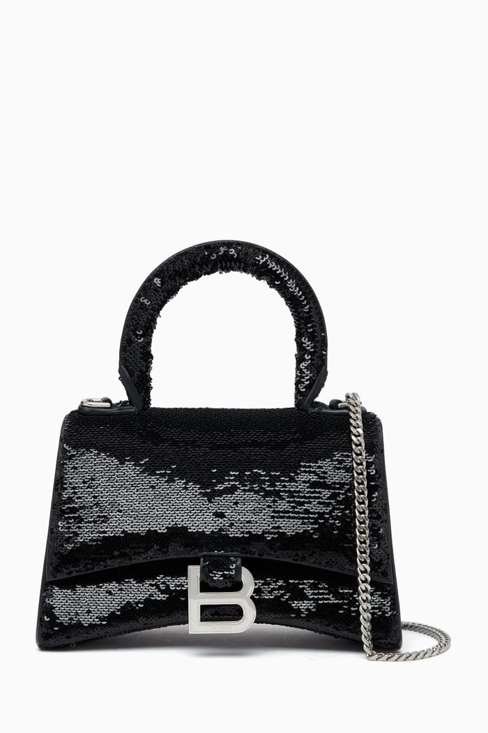 Hourglass XS Top-handle Bag in Sequins & Lambskin, Black