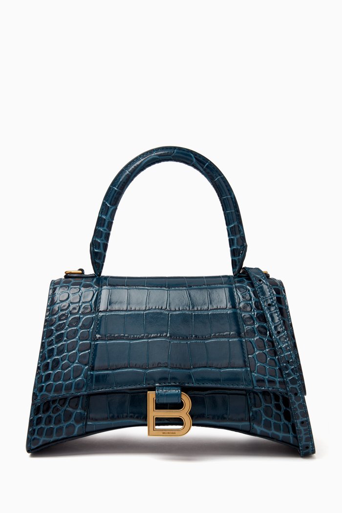 

Small Hourglass Top-handle Bag in Croc-embossed Leather, Blue