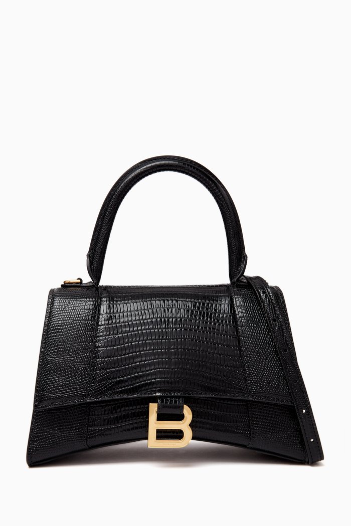 

Small Hourglass Top-handle Bag in Croc-embossed Leather, Black