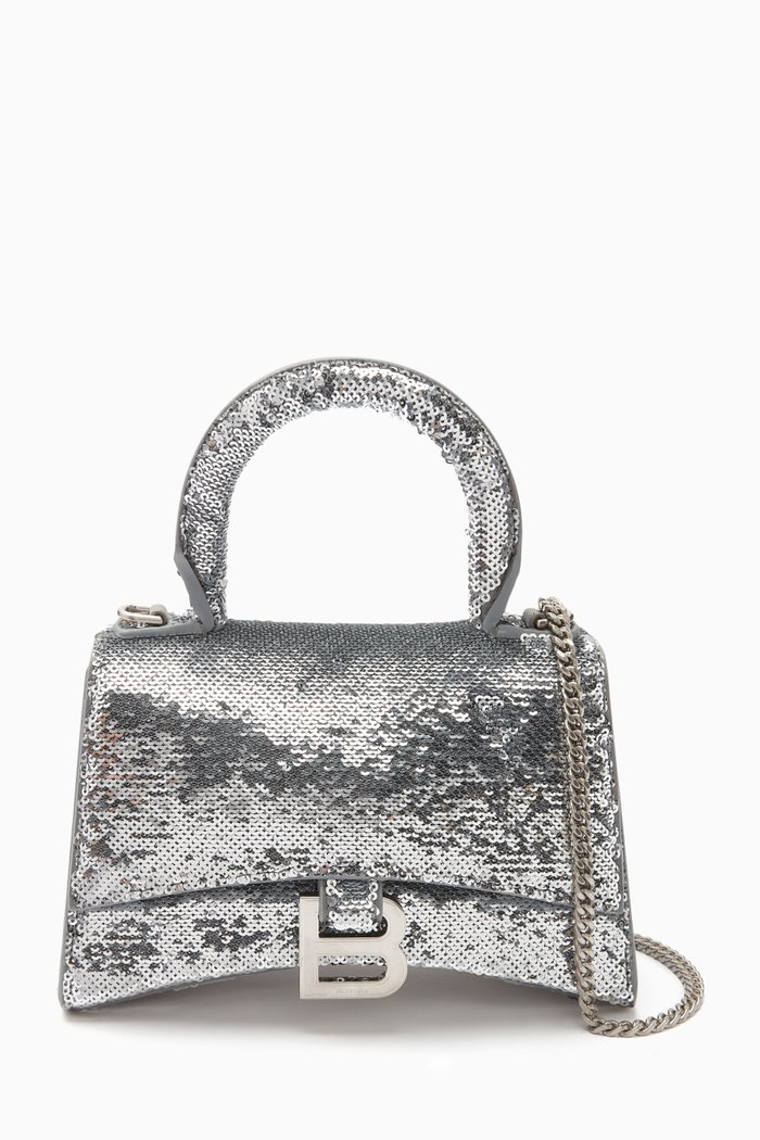 

XSmall Hourglass Top Handle Bag in Sequinned Leather, Silver