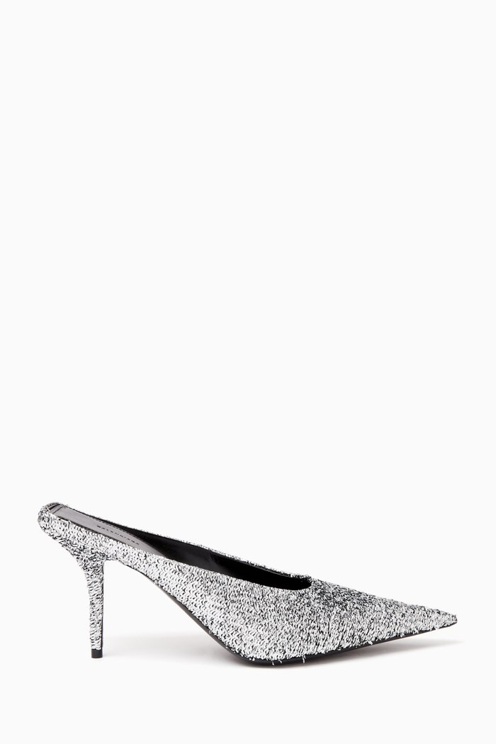 

Square Knife 80 Mules in Metallic Glitter, Silver