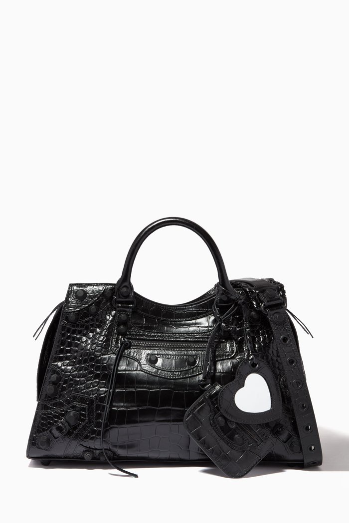 

Neo Cagole City Tote Bag in Croc-embossed Leather, Black