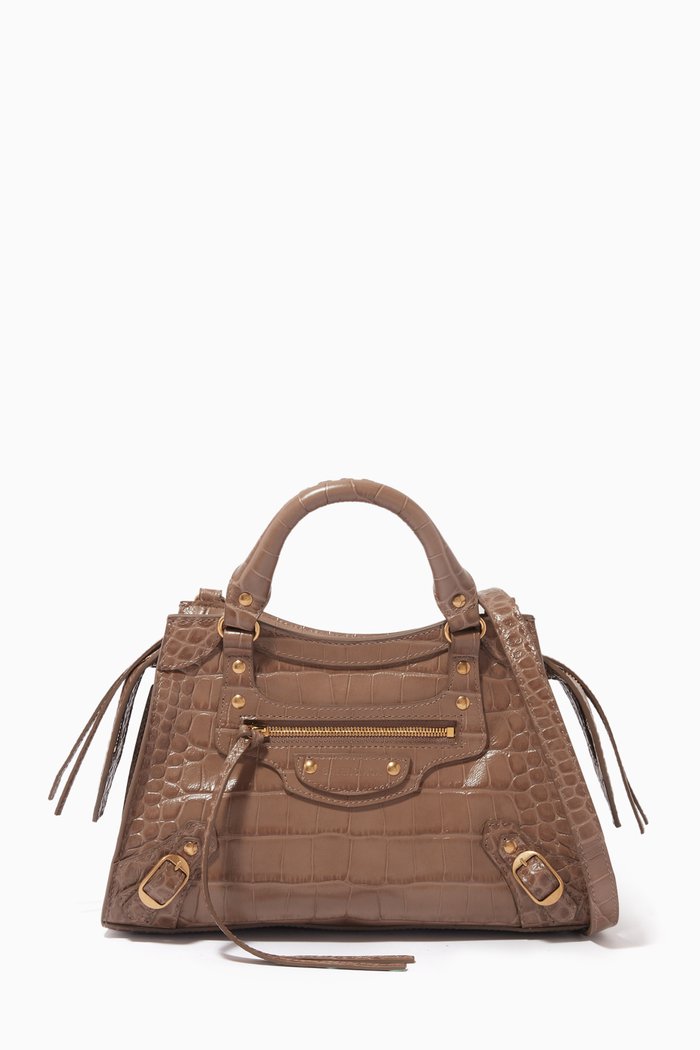 

Neo Classic Small Top Handle Bag in Croc-embossed Leather, Grey
