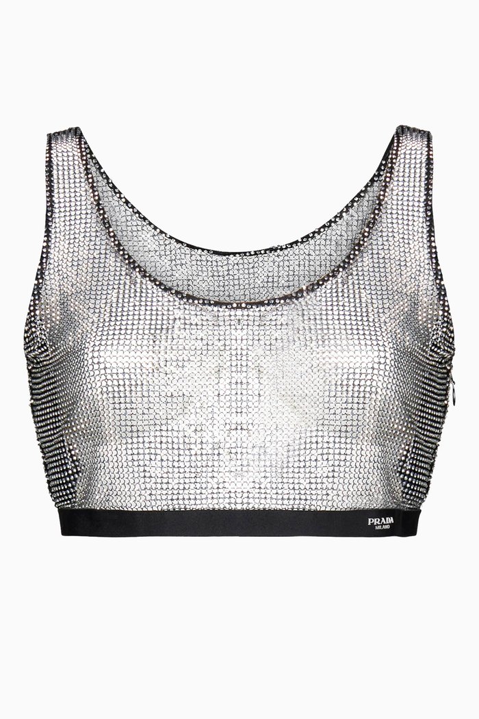 

Crop Top in Rhinestone Mesh, Silver
