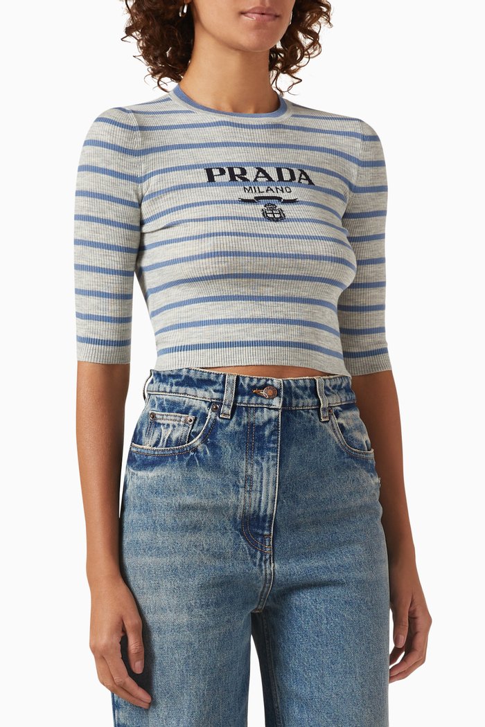 

Logo Striped Crop T-shirt in Virgin Wool-knit, Multicolour