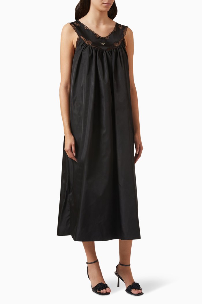 

Triangle Logo Midi Dress in Lace & Re-nylon, Black