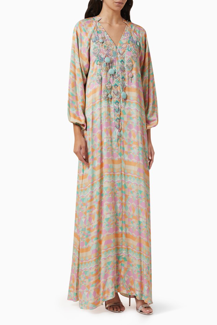 

Embellished Maxi Kaftan in Rayon, Multicolour