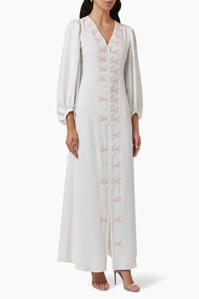 Embellished Maxi Kaftan in Crepe, White