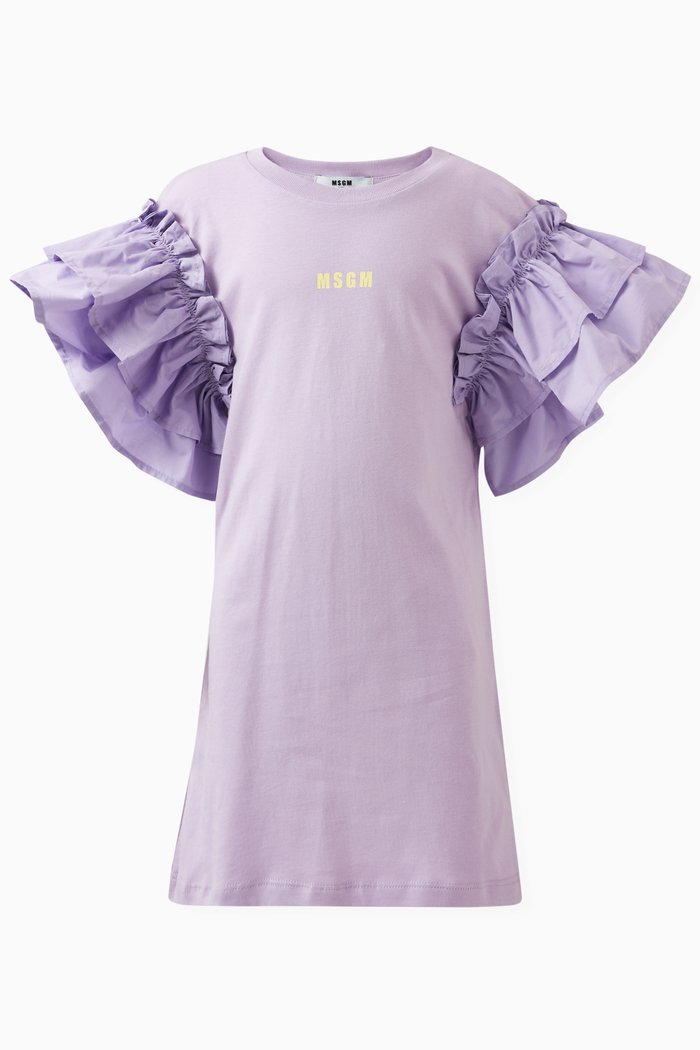 Logo-print Ruffle Dress in Cotton, Purple