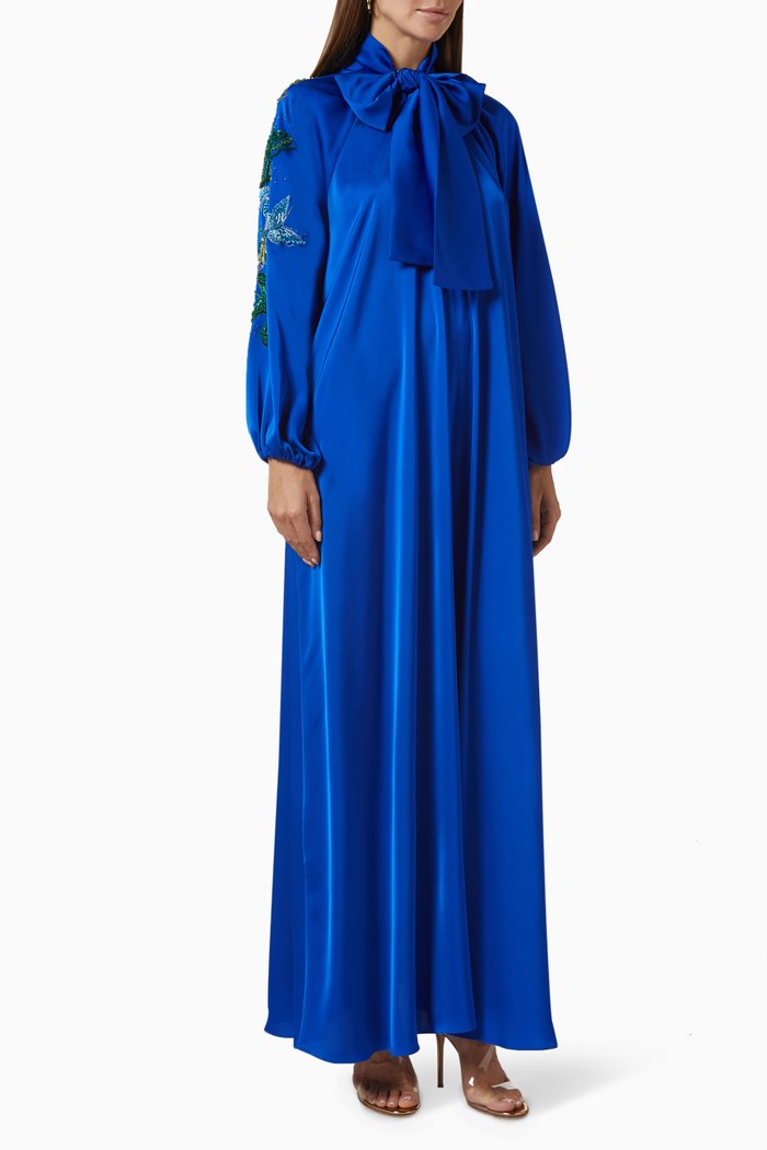 

Bow-embellished Maxi Dress in Satin, Blue