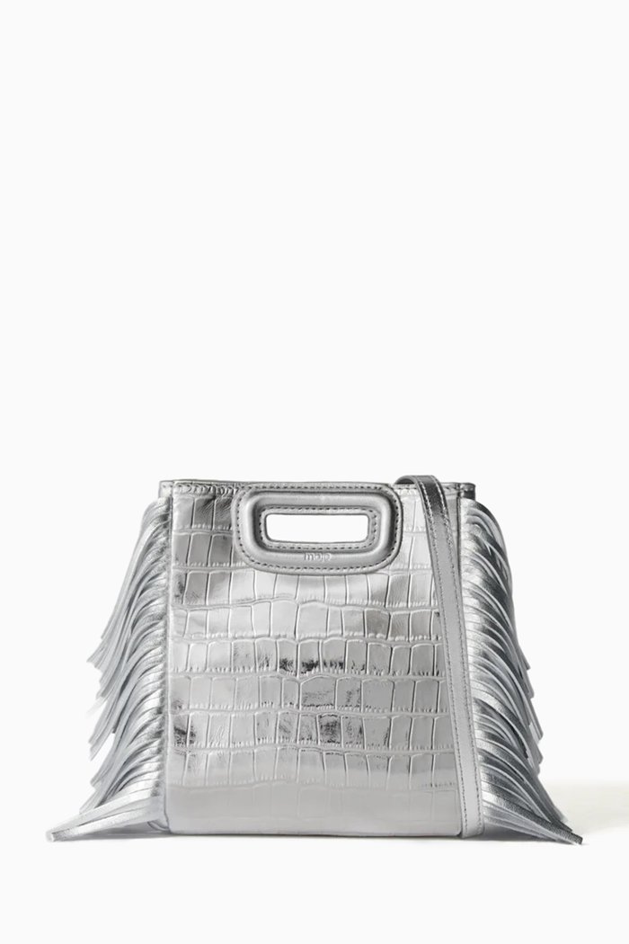 

M Mini Bag in Metallic Croc-embossed Leather, Silver