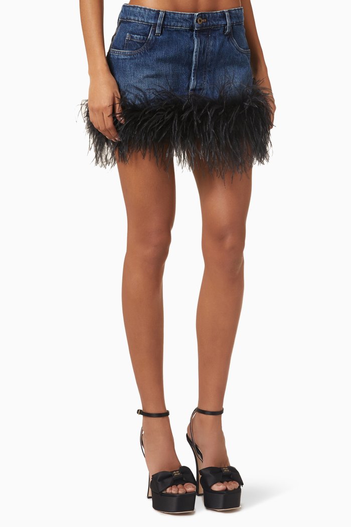 Feather-trim Mini Skirt in Denim, Blue