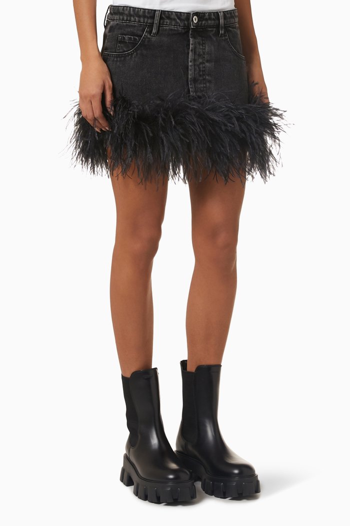 

Feather-trim Mini Skirt in Denim, Black