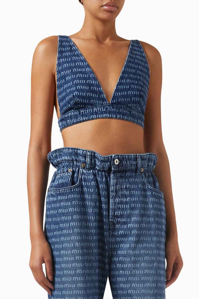 Logo-print Bra Top in Denim, Blue
