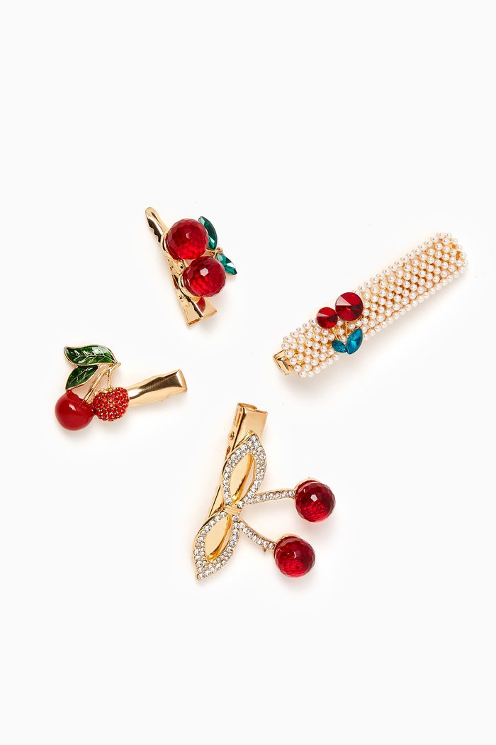 

Cherry Embellished Hair Clips, Set of 4, Red