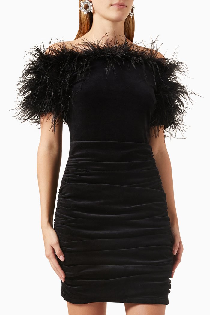 

Faari Ostrich Feather Mini Dress in Bodycon Velvet, Black